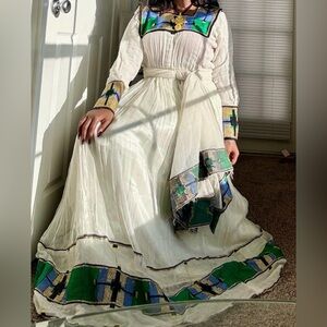 Handmade Ethiopian & Eritrean Traditional Dress | Green Embroidered Dress